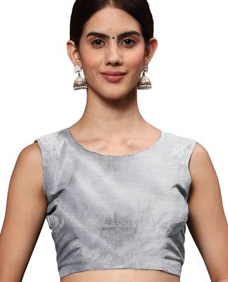 Metallic grey tissue silk silver zari floral motifs saree with blouse piece 5