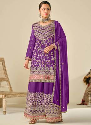 Violet chinon embroidered palazzo suit 1
