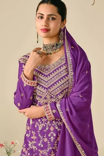 Violet chinon embroidered palazzo suit