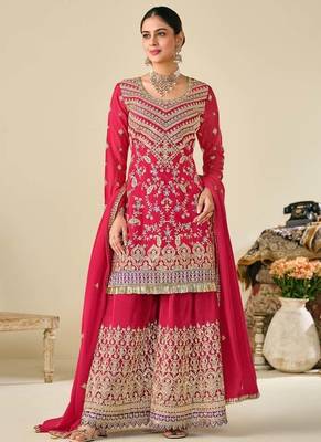 Red chinon embroidered palazzo suit 1