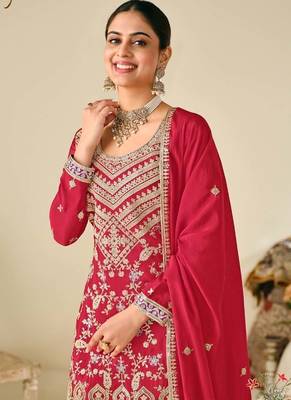 Red chinon embroidered palazzo suit 2
