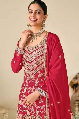 Red chinon embroidered palazzo suit