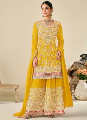 Yellow chinon embroidered palazzo suit 1