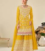 Yellow chinon embroidered palazzo suit