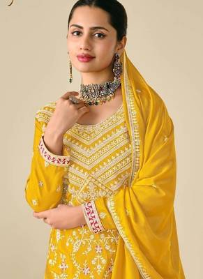 Yellow chinon embroidered palazzo suit 2