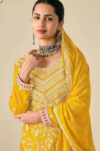 Yellow chinon embroidered palazzo suit