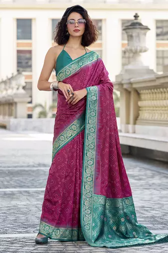 Rani pink & sea green soft silk bandhani print with weaving beautiful border saree