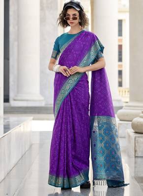 Purple & sky blue soft silk bandhani print with weaving beautiful border saree 1
