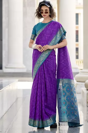 Purple & sky blue soft silk bandhani print with weaving beautiful border saree