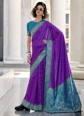 Purple & sky blue soft silk bandhani print with weaving beautiful border saree 2