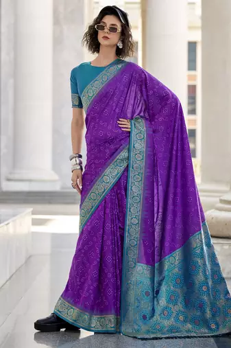 Purple & sky blue soft silk bandhani print with weaving beautiful border saree