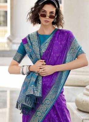 Purple & sky blue soft silk bandhani print with weaving beautiful border saree 3