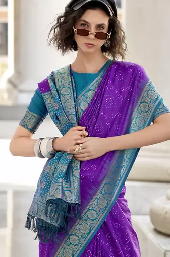 Purple & sky blue soft silk bandhani print with weaving beautiful border saree