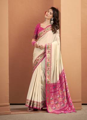 Off-white & pink soft silk bandhani print with weaving beautiful border saree 1