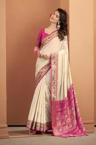 Off-white & pink soft silk blend bandhani print with weaving beautiful border saree