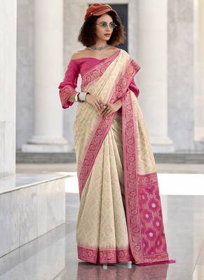 Off-white & pink soft silk bandhani print with weaving beautiful border saree 1
