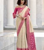 Off-white & pink soft silk bandhani print with weaving beautiful border saree