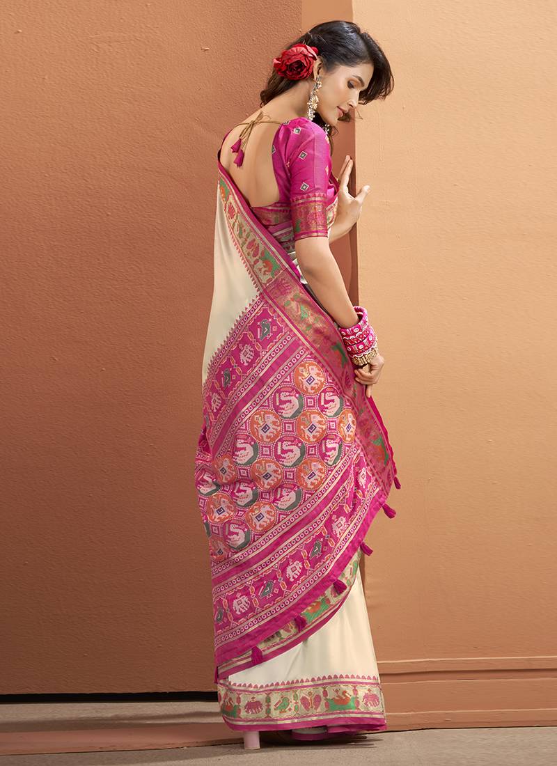 Off-white & pink soft silk bandhani print with weaving beautiful border saree