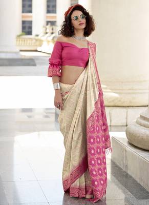 Off-white & pink soft silk bandhani print with weaving beautiful border saree 2