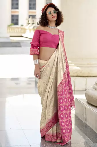Off-white & pink soft silk bandhani print with weaving beautiful border saree