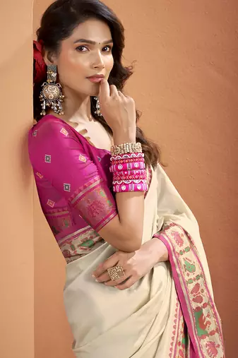 Off-white & pink soft silk blend bandhani print with weaving beautiful border saree