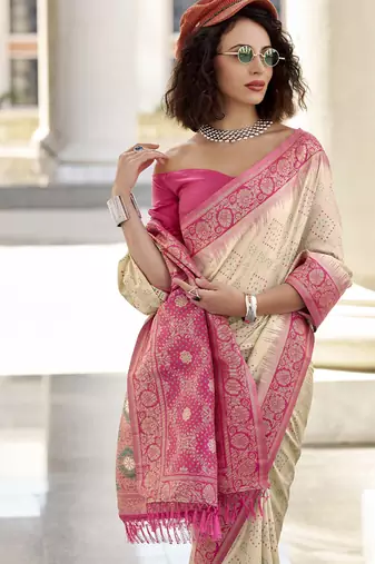 Off-white & pink soft silk bandhani print with weaving beautiful border saree