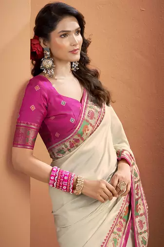 Off-white & pink soft silk blend bandhani print with weaving beautiful border saree