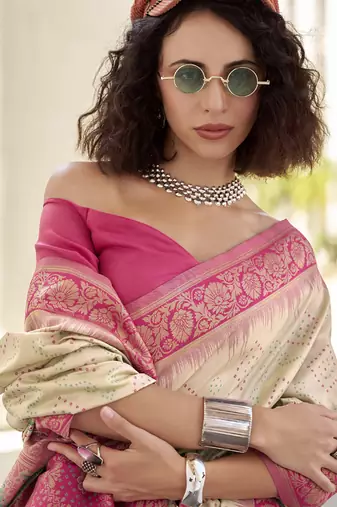 Off-white & pink soft silk bandhani print with weaving beautiful border saree