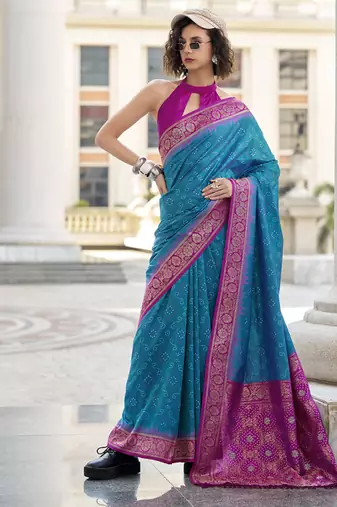 Sky blue & magenta soft silk bandhani print with weaving beautiful border saree