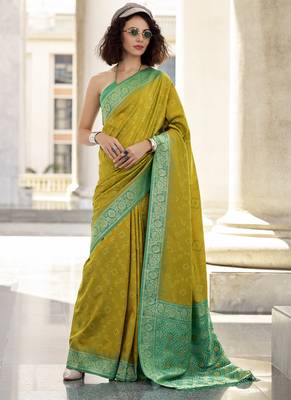 Olive & green soft silk bandhani print with weaving beautiful border saree 1