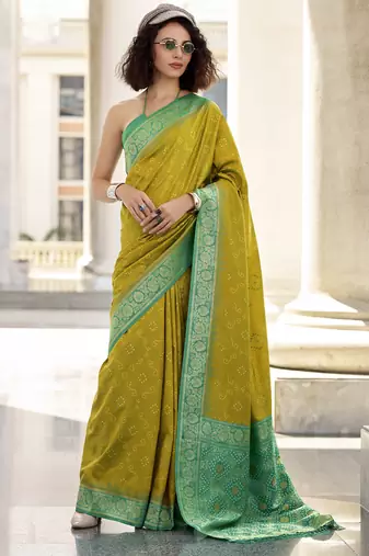 Olive & green soft silk bandhani print with weaving beautiful border saree