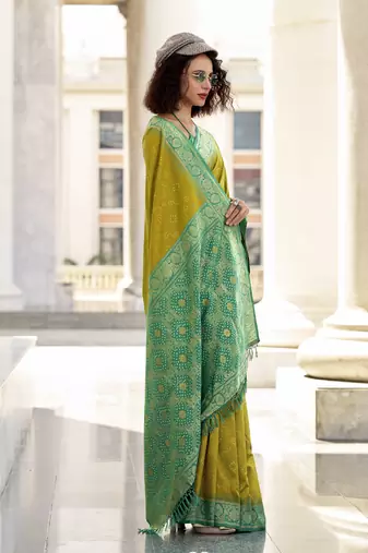 Olive & green soft silk bandhani print with weaving beautiful border saree