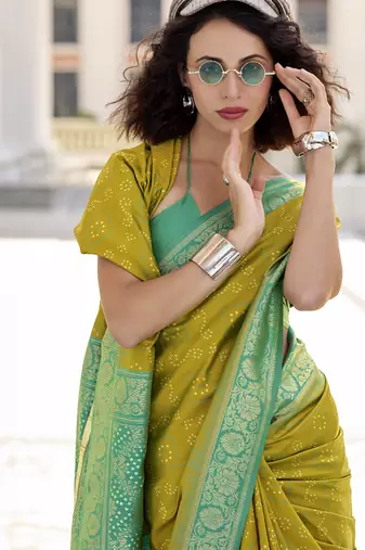 Olive & green soft silk bandhani print with weaving beautiful border saree