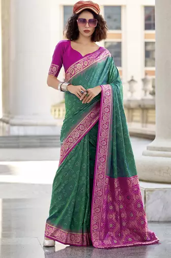 Green & magenta soft silk bandhani print with weaving beautiful border saree
