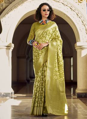 Olive tissue art silk with zari weaving wedding wear saree 1