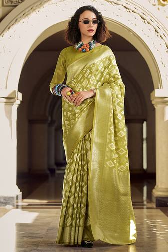 Olive tissue art silk with zari weaving wedding wear saree