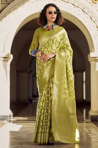 Olive tissue art silk with zari weaving wedding wear saree