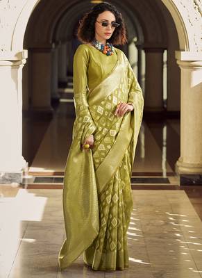 Olive tissue art silk with zari weaving wedding wear saree 2