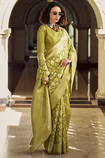 Olive tissue art silk with zari weaving wedding wear saree