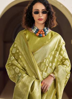 Olive tissue art silk with zari weaving wedding wear saree 3