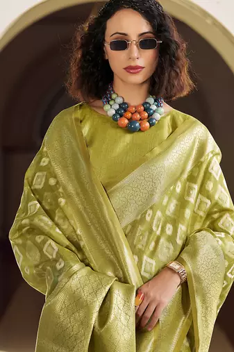 Olive tissue art silk with zari weaving wedding wear saree