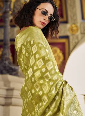 Olive tissue art silk with zari weaving wedding wear saree 4