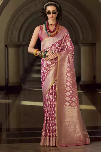 Baby pink tissue art silk with zari weaving wedding wear saree
