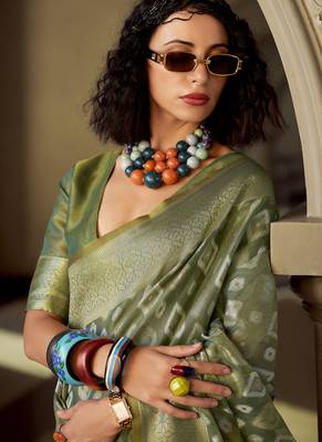 Mehendi tissue art silk with zari weaving wedding wear saree 3