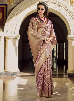 Light peach tissue art silk with zari weaving wedding wear saree 2