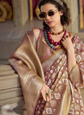 Light peach tissue art silk with zari weaving wedding wear saree 4