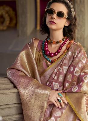 Light peach tissue art silk with zari weaving wedding wear saree 5