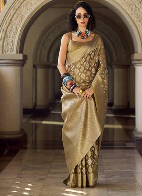 Beige tissue Art silk with zari weaving wedding wear saree 1