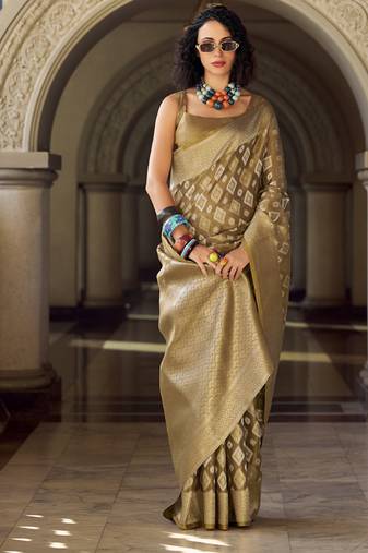 Beige tissue Art silk with zari weaving wedding wear saree