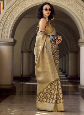 Beige tissue Art silk with zari weaving wedding wear saree 2